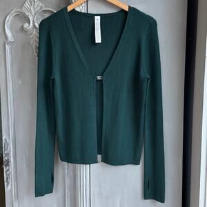 Alo Yoga Salana Sweater Sz M Deep-V Clasp Front Cardigan Dark Green Long Sleeve